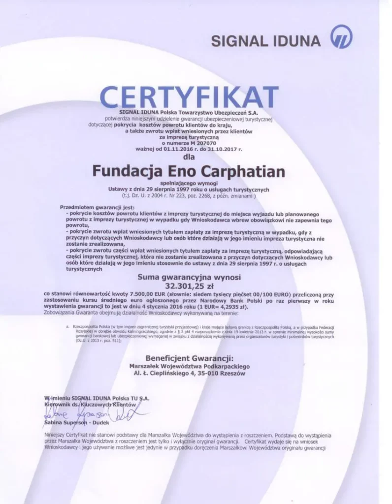 certyfikat z uprawnieniami do organizowania wycieczek turystycznych dla fundacji enocarpathian